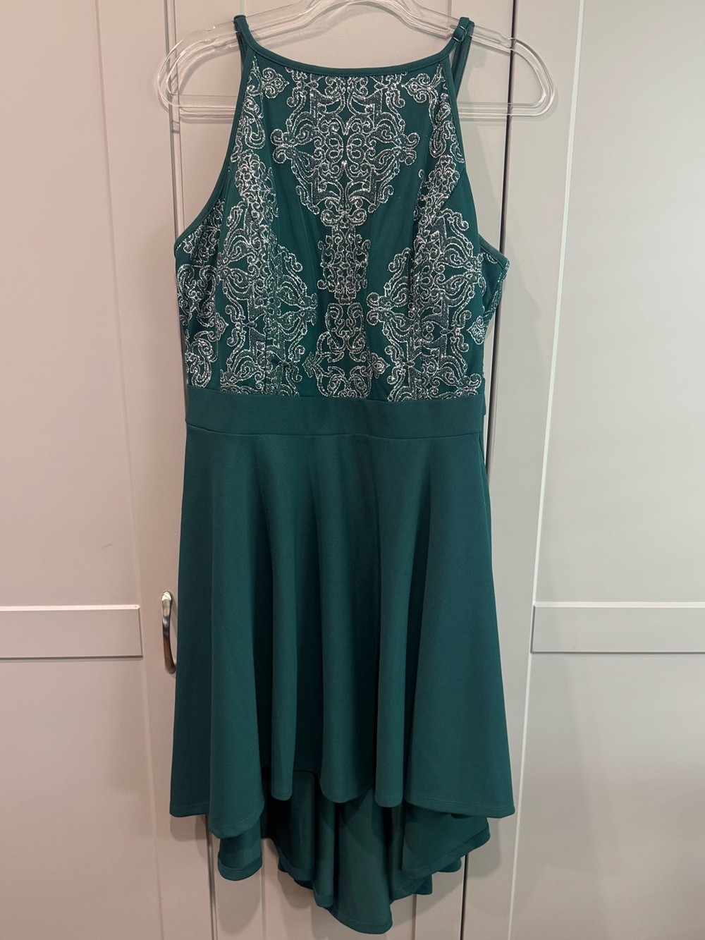 Speechless Teal Halter High-Low Dress with Silver Sequined Bodice